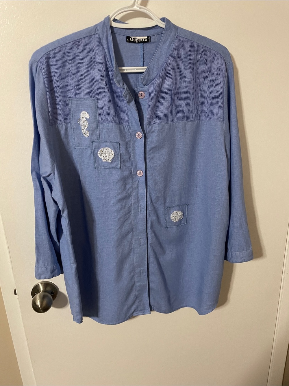 Geometric Light Blue Button-Down Shirt with Embroidered Details Size Large